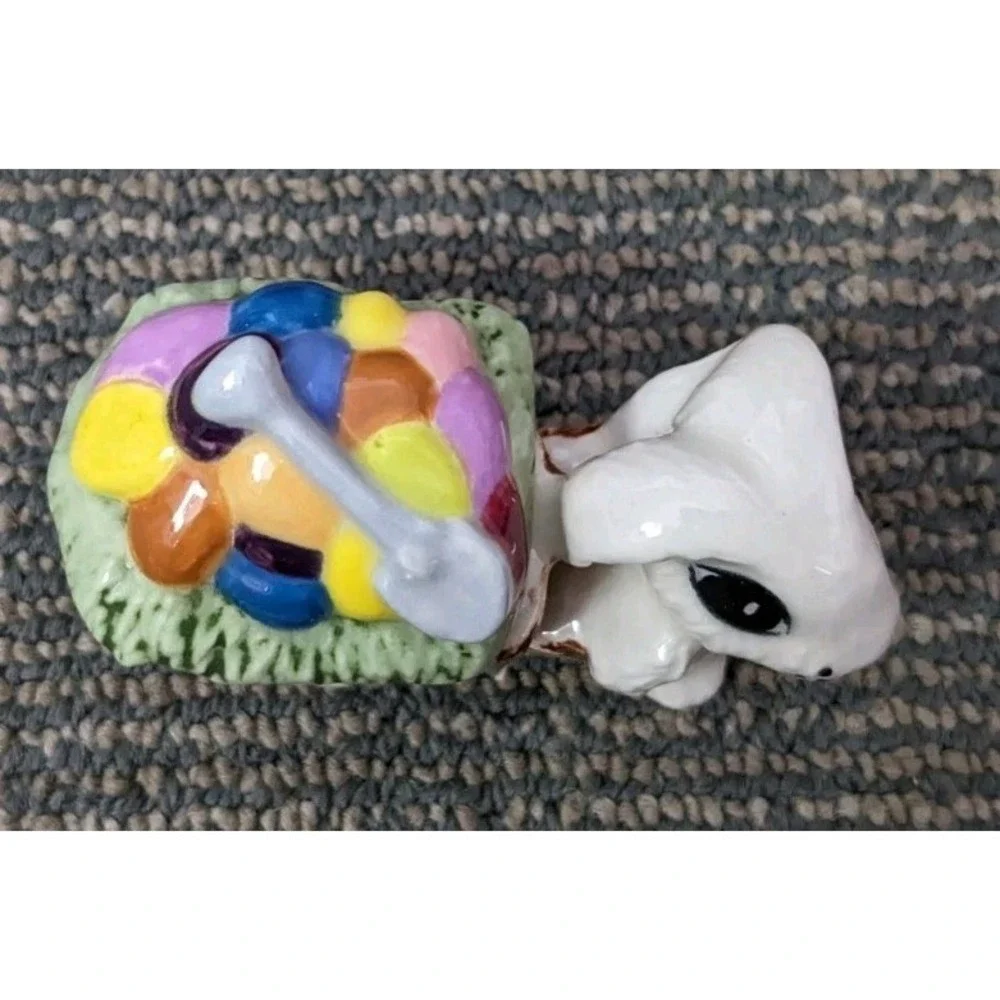 Vtg Mini Ceramic Easter Bunny Rabbit With Wagon Jelly Bean Egg Cart Trinket Dish